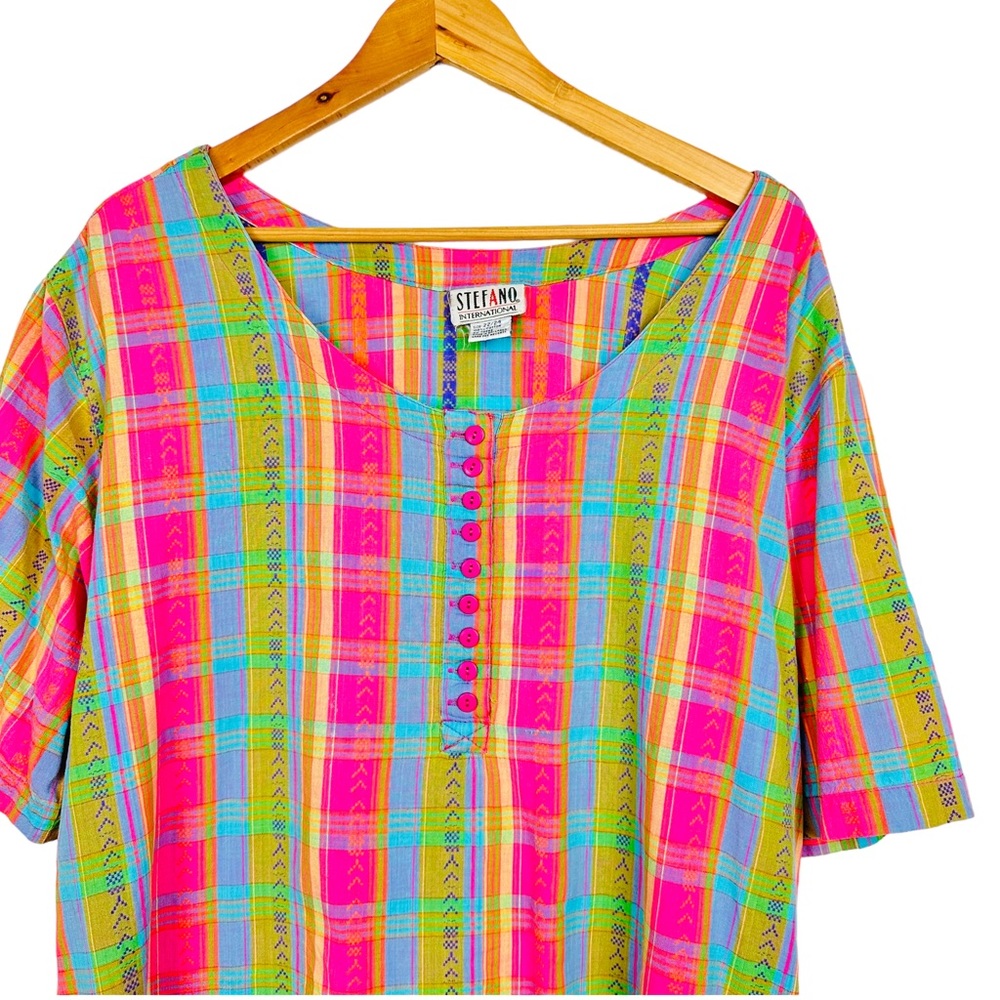Vintage 80’s Cottagecore  Rainbow Plaid Short Sleeve Oversized Pullover Blouse - Picture 5 of 12